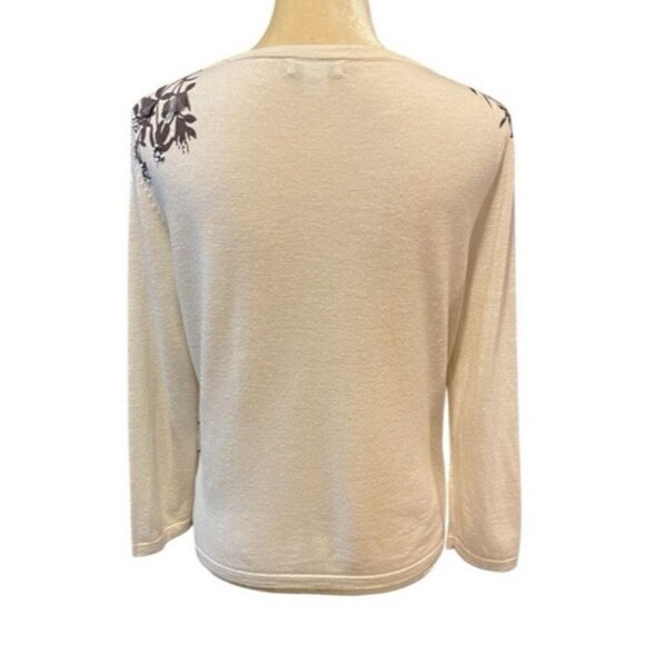 Garnet Hill 100% Merino Wool Cardigan L Ivory Gray Floral Appliqué Bead Sweater - Picture 5 of 11